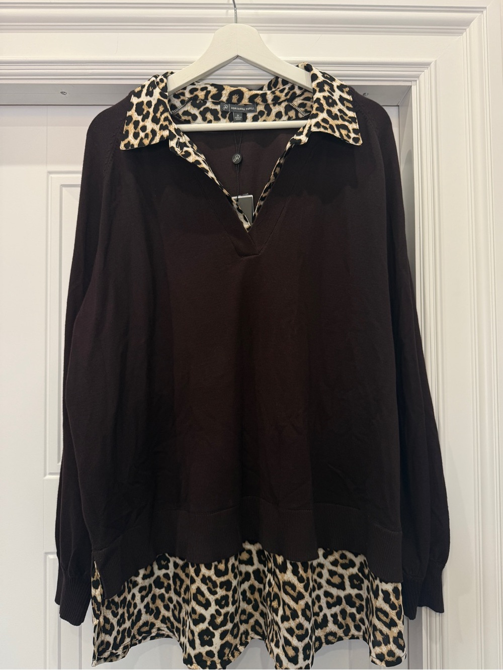 NWT Adrianna Papell Collared Printed Twover Sweater In Brownie W Bengal Cheetah